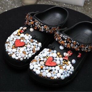 Black Bejeweled Clogs with Cartoon Accents